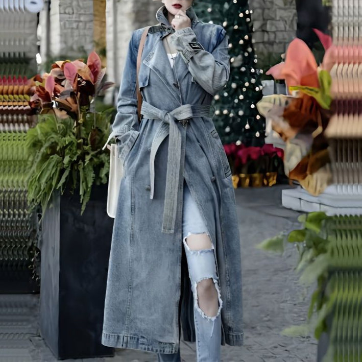 Retro Belted Denim Trench Coat