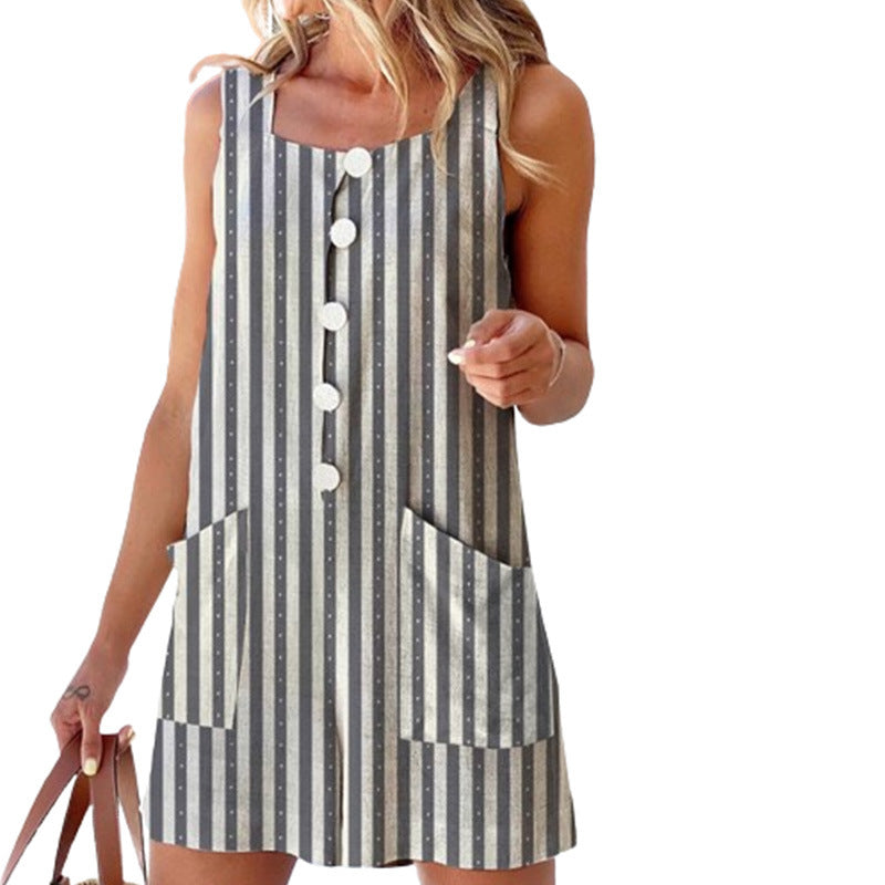 Women's Striped Button-Front Romper with Pockets