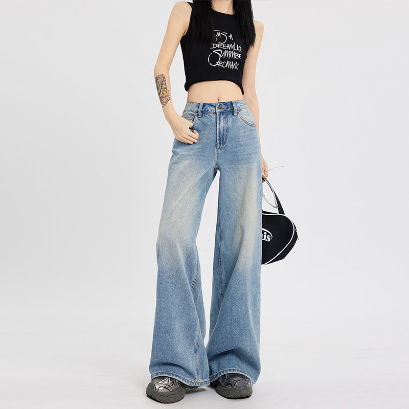 Women's High Waist Retro Loose Wide Leg Jeans - Casual Denim