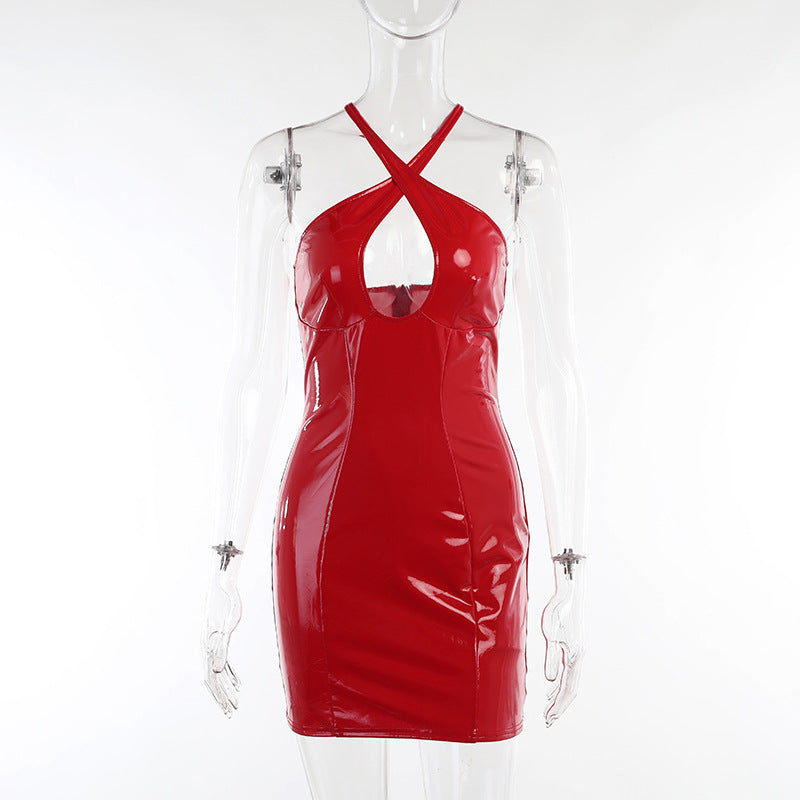 Sleek Patent Faux Leather Halter Neck Mini Dress Bodycon Style