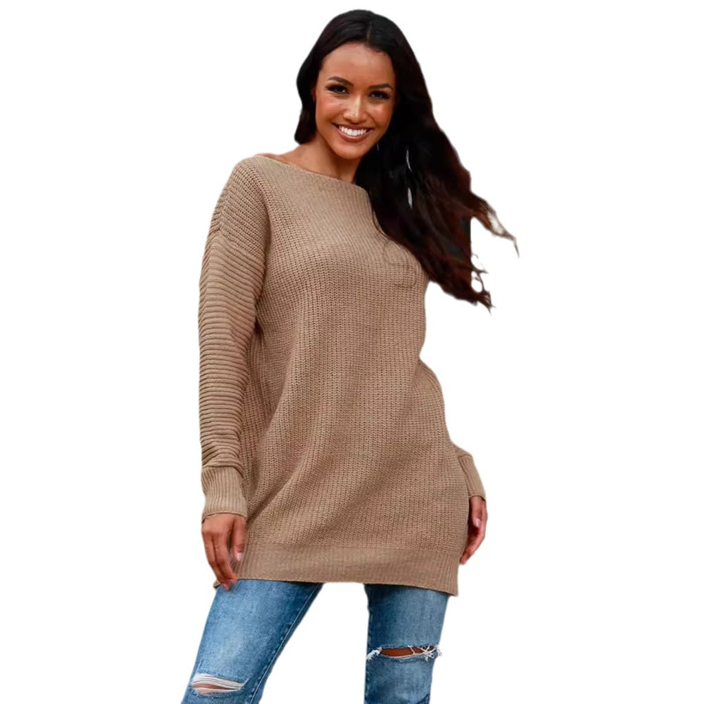 Effortless Off Neck Loose Knit Pullover Sweater Tunic