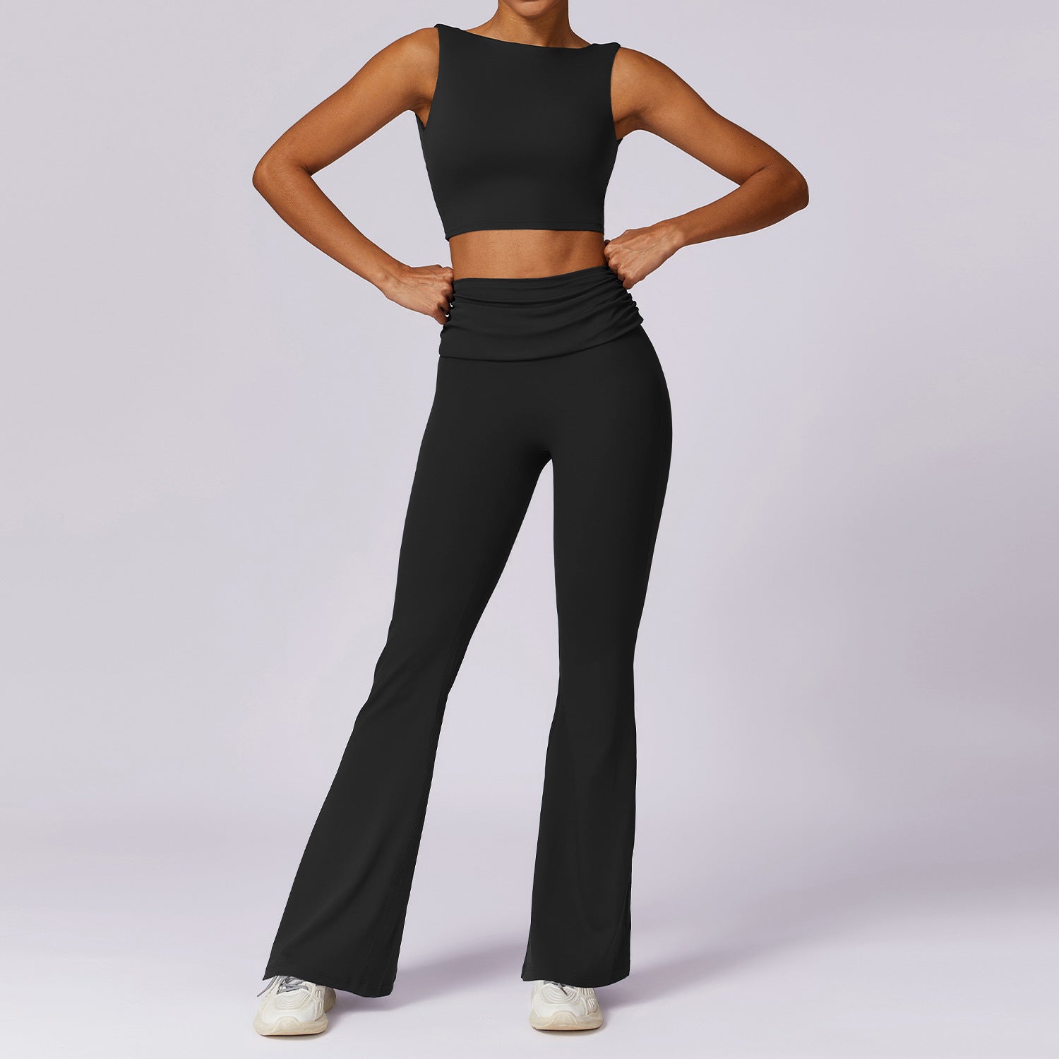 Soft Stretchy Activewear Sleeveless Crop Top and High Waist Flare Leggings Set