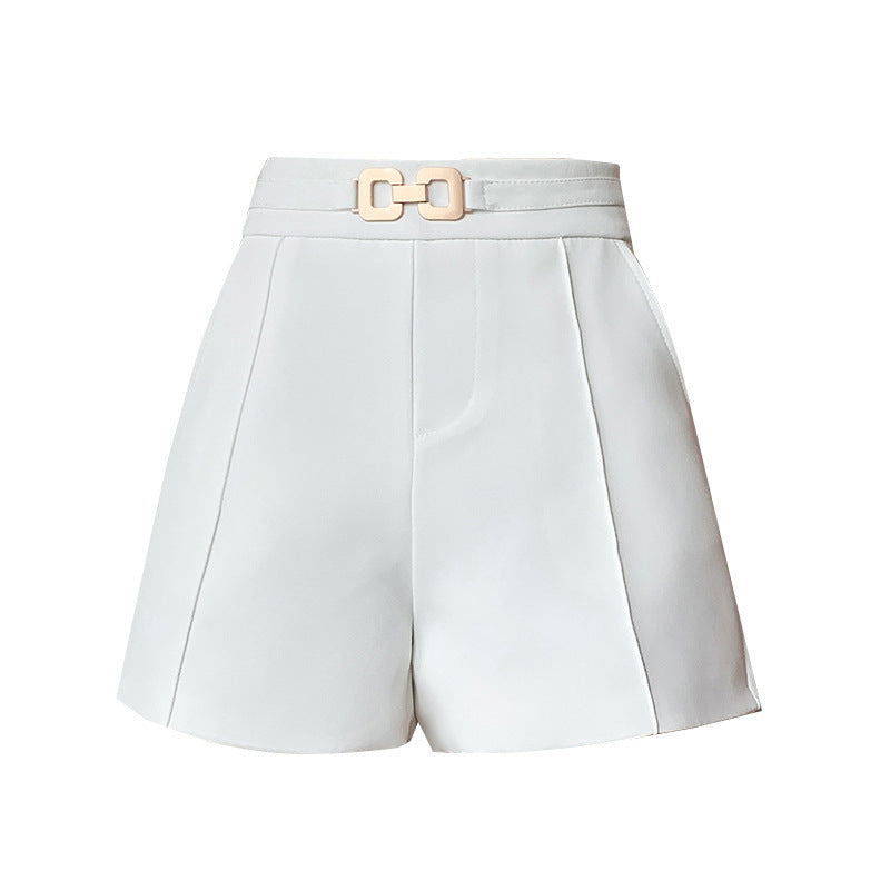 Sophisticated High Waisted Pleated Shorts with Chic Metal Buckle Detail