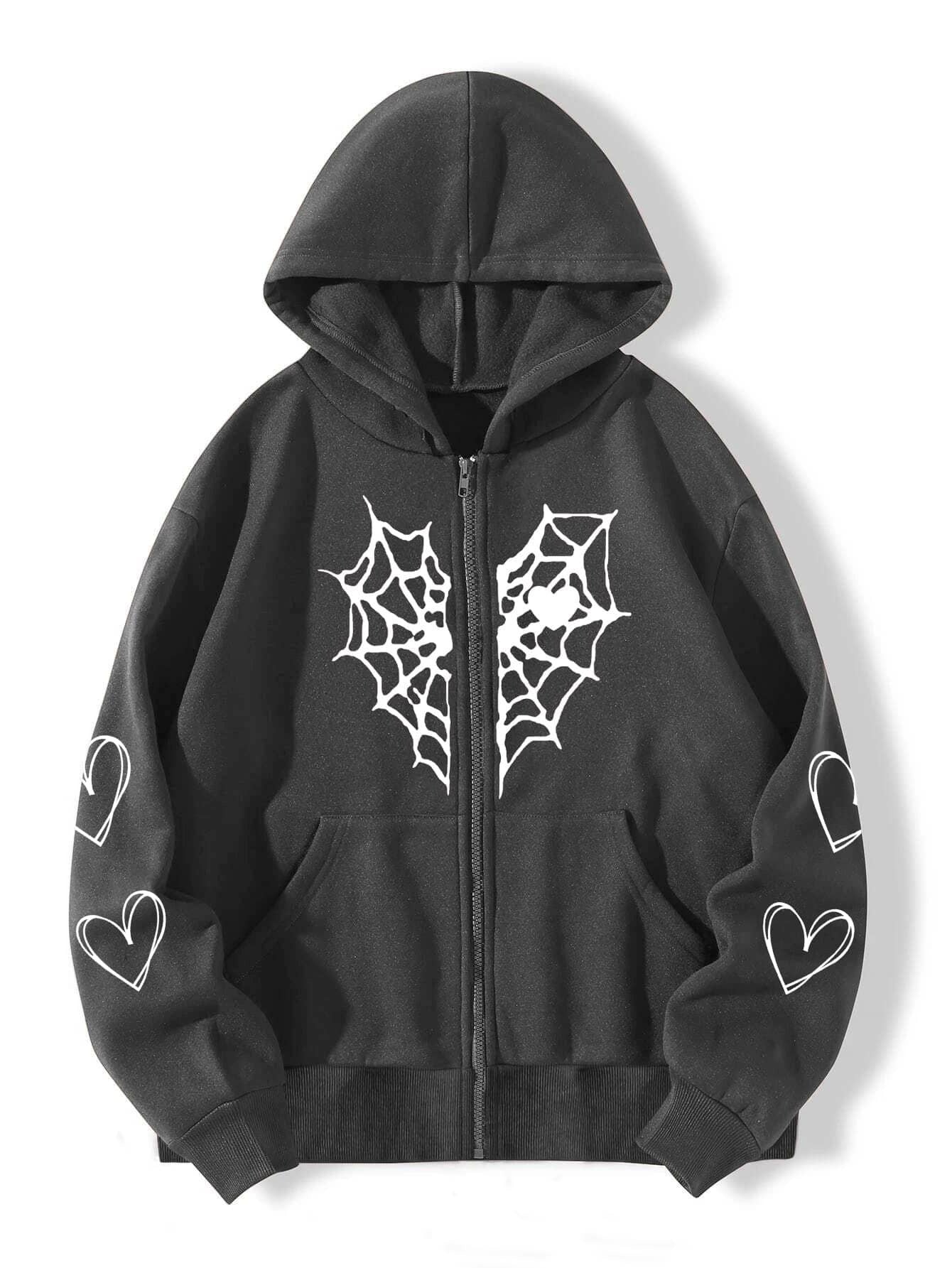 Edgy Spider Web Heart Print Oversized Full Zip Up Hoodie Sweatshirt