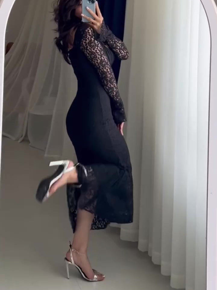 Women's Lace Bodycon Maxi Dress - Square Neck Party Gown