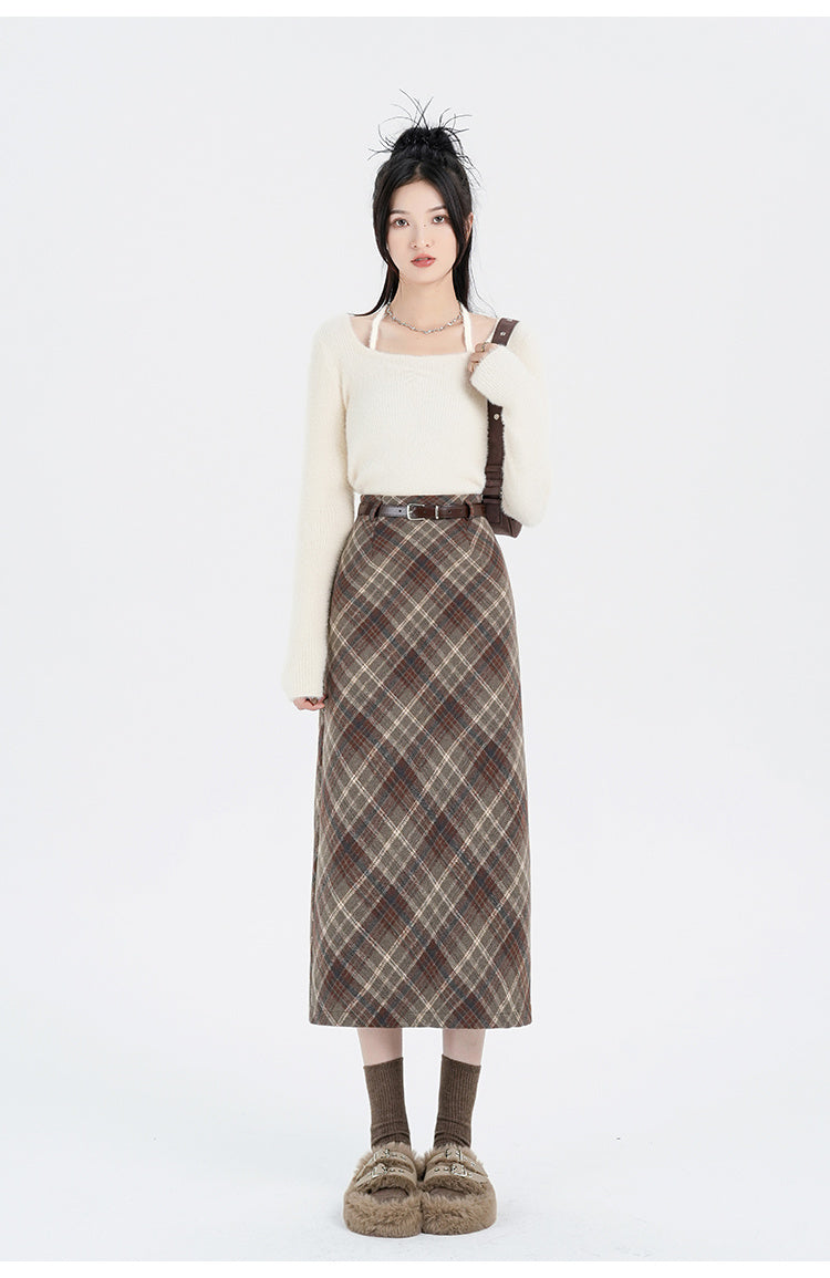 Chic High Waist Wool Blend Plaid A Line Midi Skirt for Women