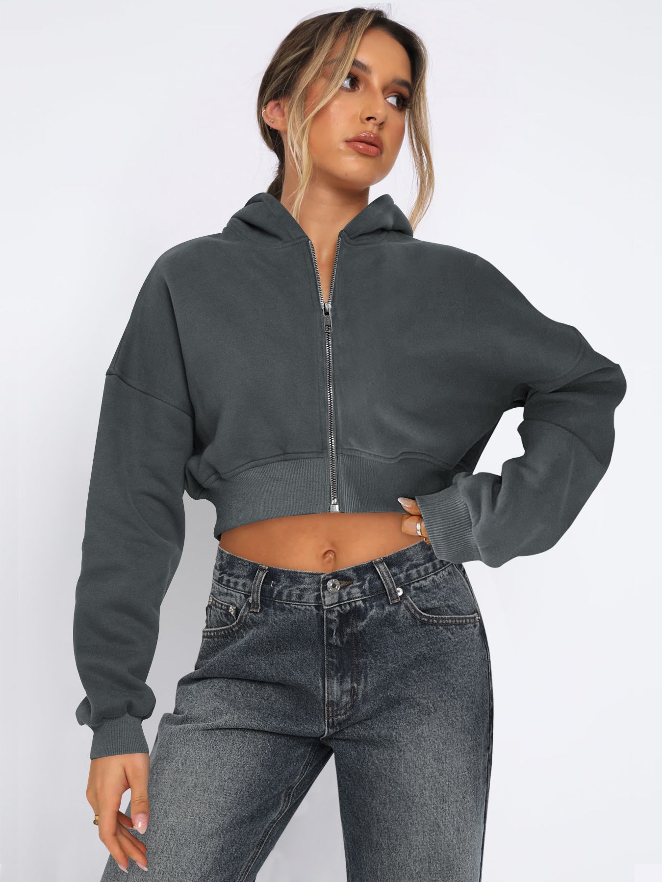 Cozy Fleece Cropped Zip Up Hoodie for Everyday Comfort