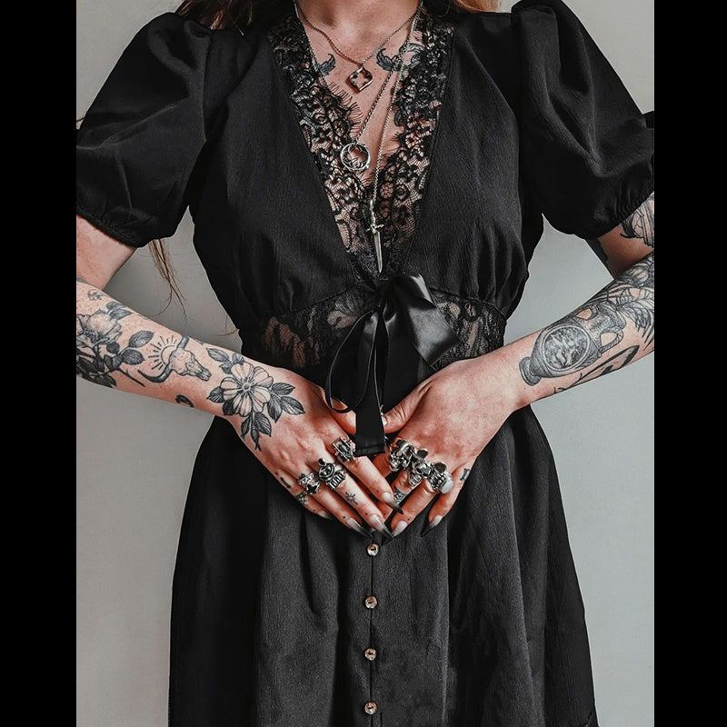 Elegant Black Lace Trim Puff Sleeve A Line Mini Dress with High Waist