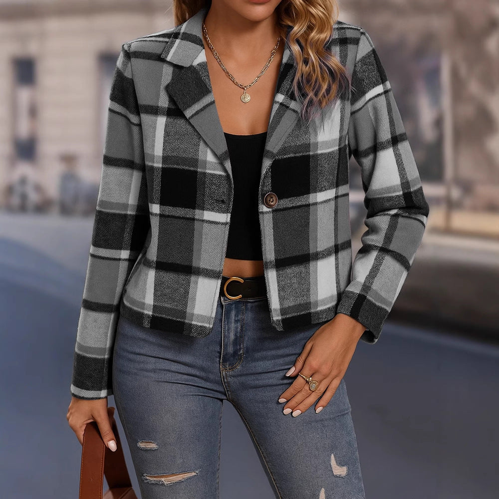 Classic Plaid Cropped Blazer Jacket for Everyday Chic Style