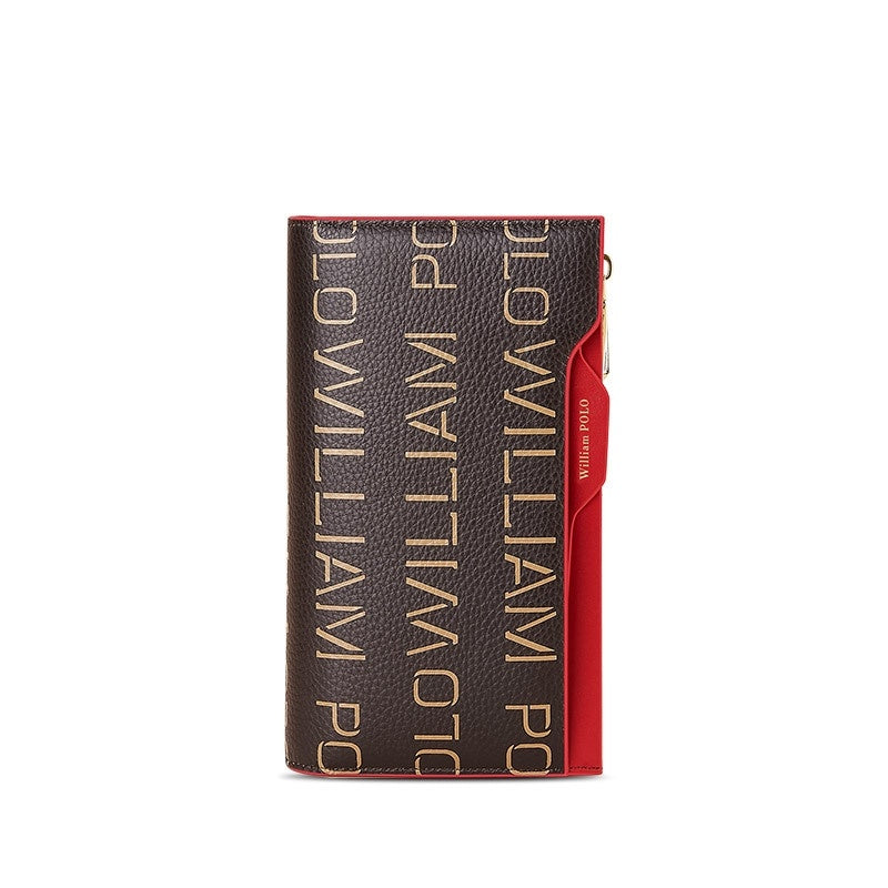 Elegant Genuine Cowhide Leather Wallet with Stylish Monogram Print and Wrist Strap