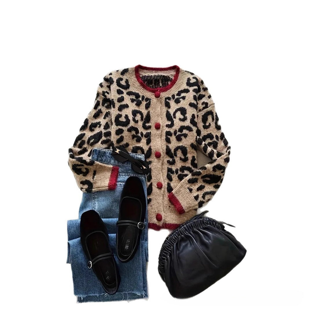 Stylish Leopard Print Button-Front Cardigan Sweater with Red Contrast Trim