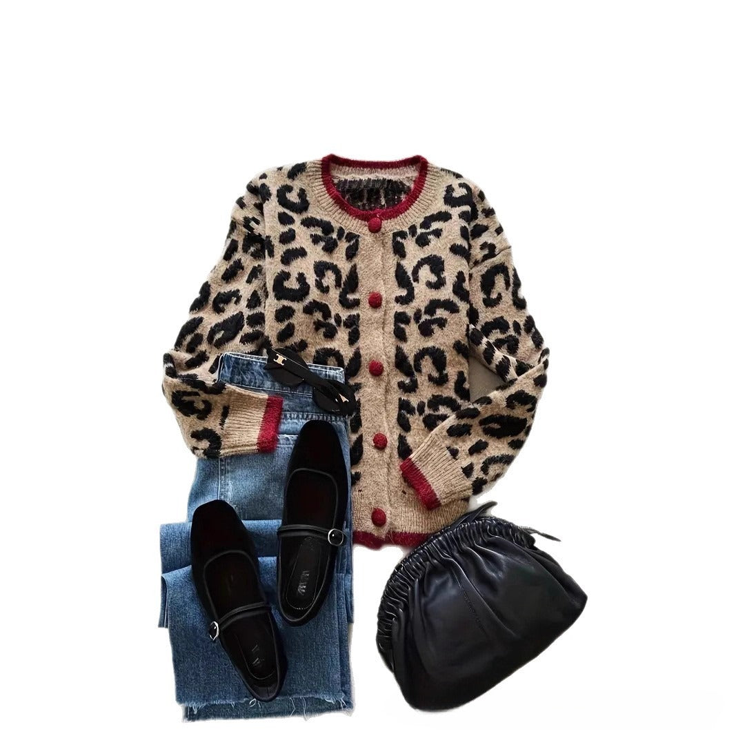 Stylish Leopard Print Button-Front Cardigan Sweater with Red Contrast Trim