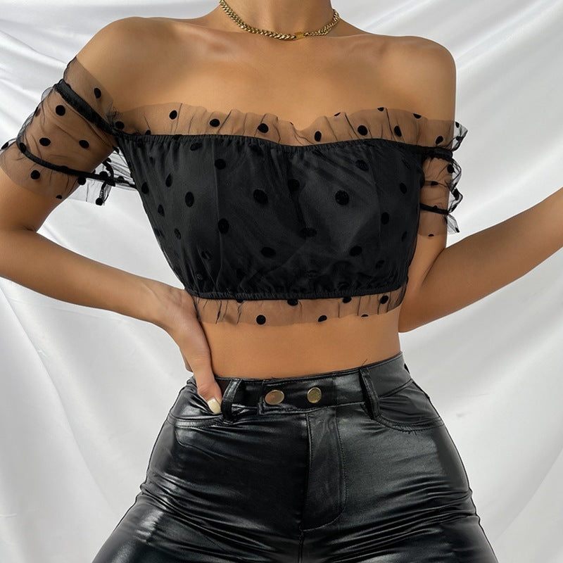 Chic Mesh Polka Dot Off Shoulder Ruffle Detail Cropped Blouse