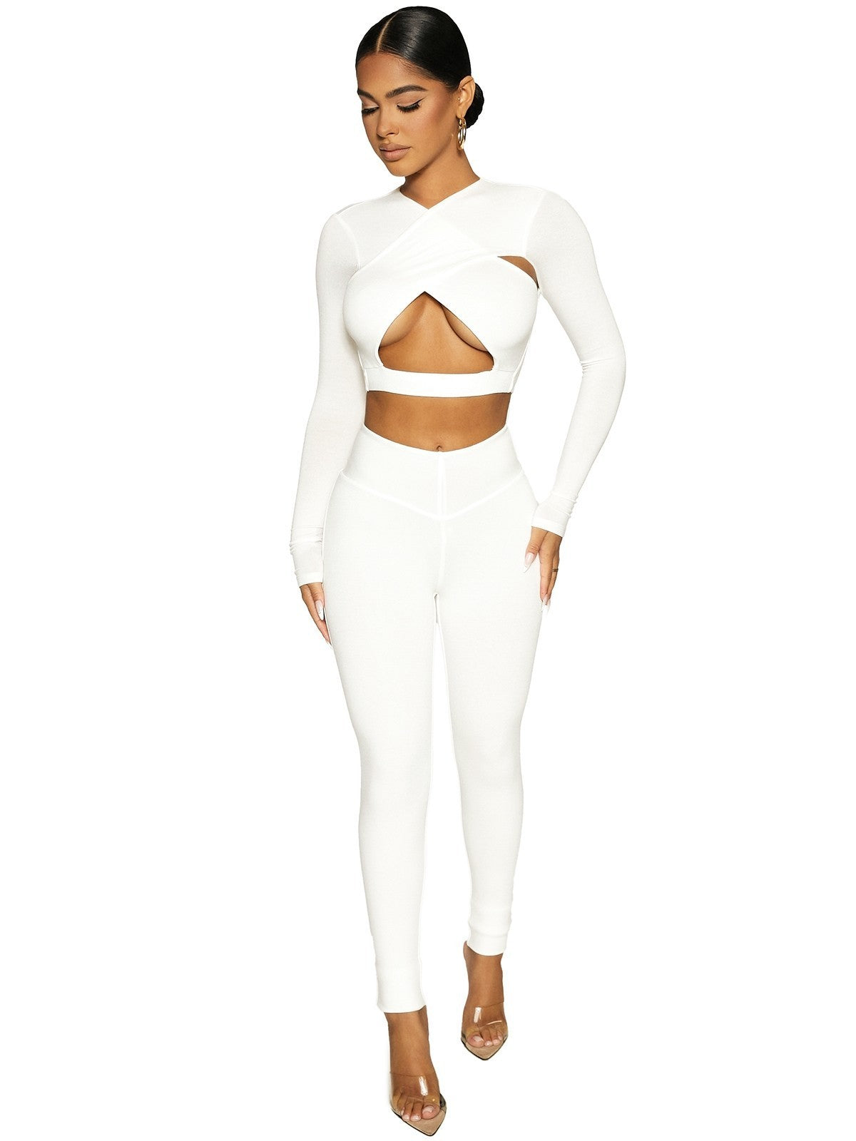 Chic Cut Out Long Sleeve Crop Top and High Waist Leggings Co-ord Set