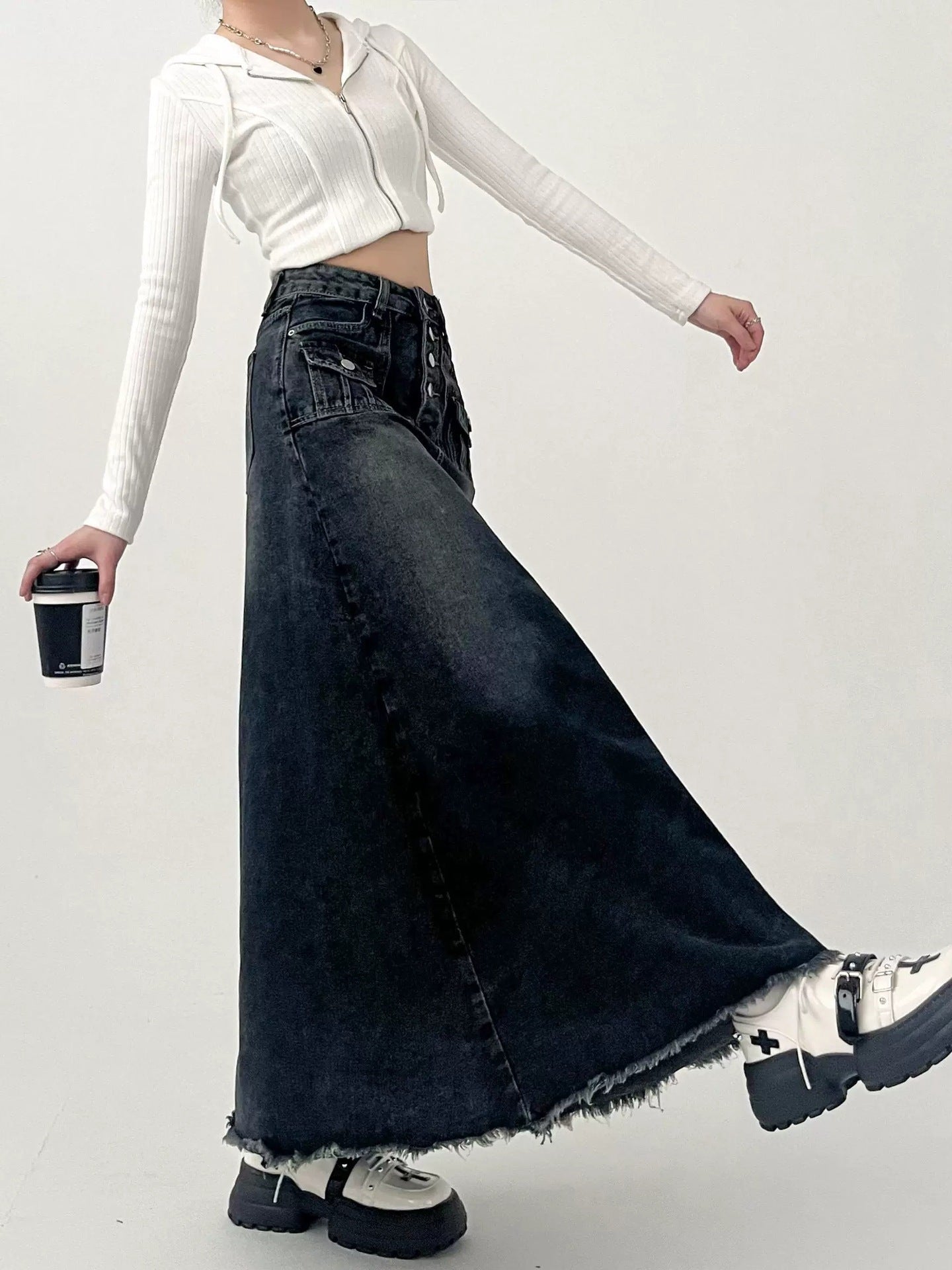 Fashionable Gradient A Line Denim Maxi Skirt with Front Buttons