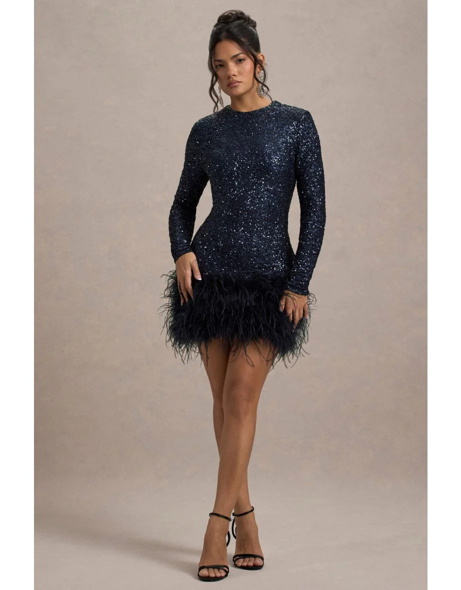 Glam Sequin Feather Mini Dress - Long Sleeve Party Gown