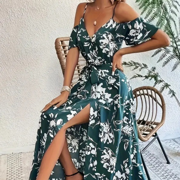 Elegant Floral Print Split Hem Cold Shoulder Summer Maxi Dress with Adjustable Waist