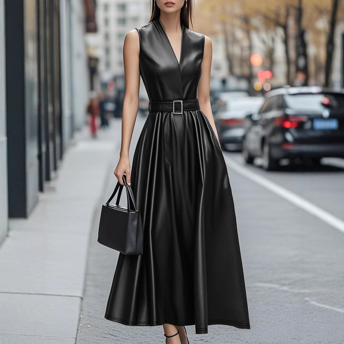 Elegant Sleeveless V-Neck Faux Leather Midi Dress with Stylish Belt