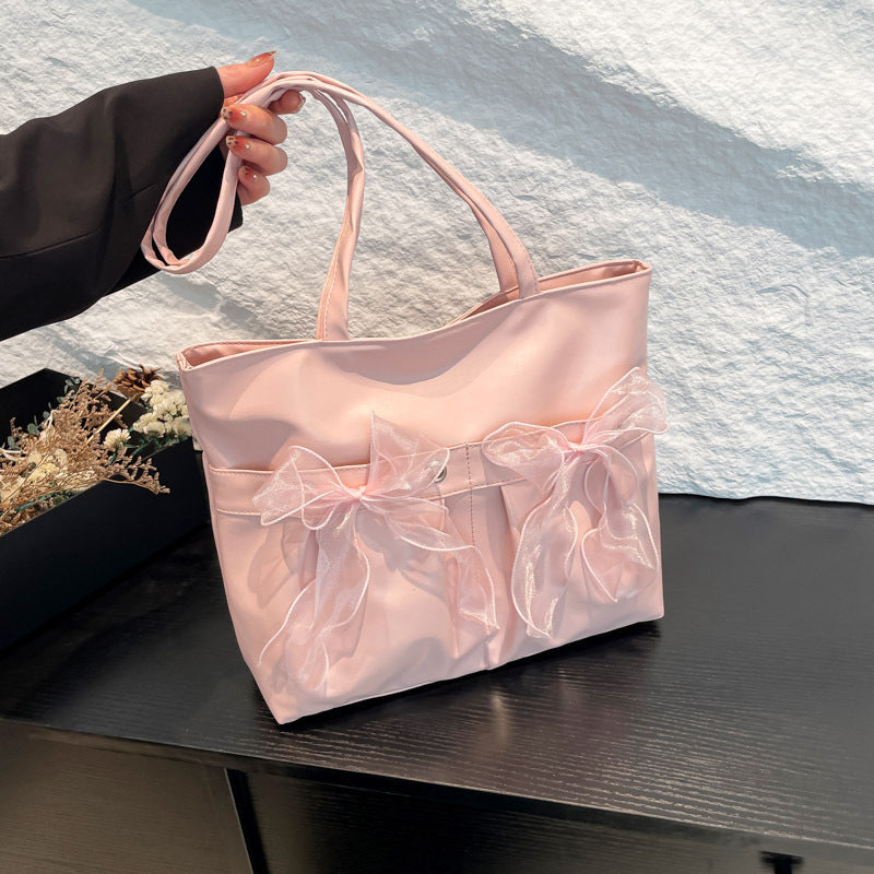 Chic Bow Detail PU Leather Tote Bag - Large Capacity Shoulder Bag for Women