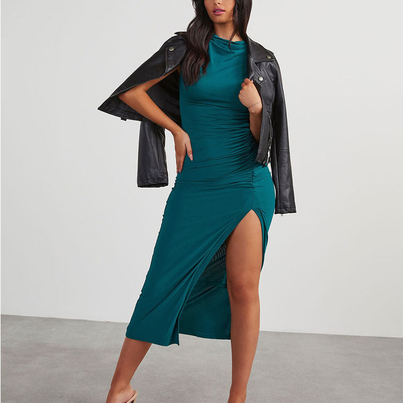 Elegant Solid Color Slim Fit Sheath Midi Dress with Cowl Neck and Seductive Side Slit
