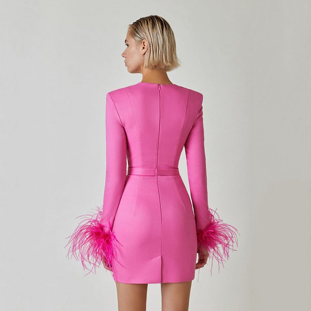 Women's Feather Trim Mini Dress - Square Neck Party Style