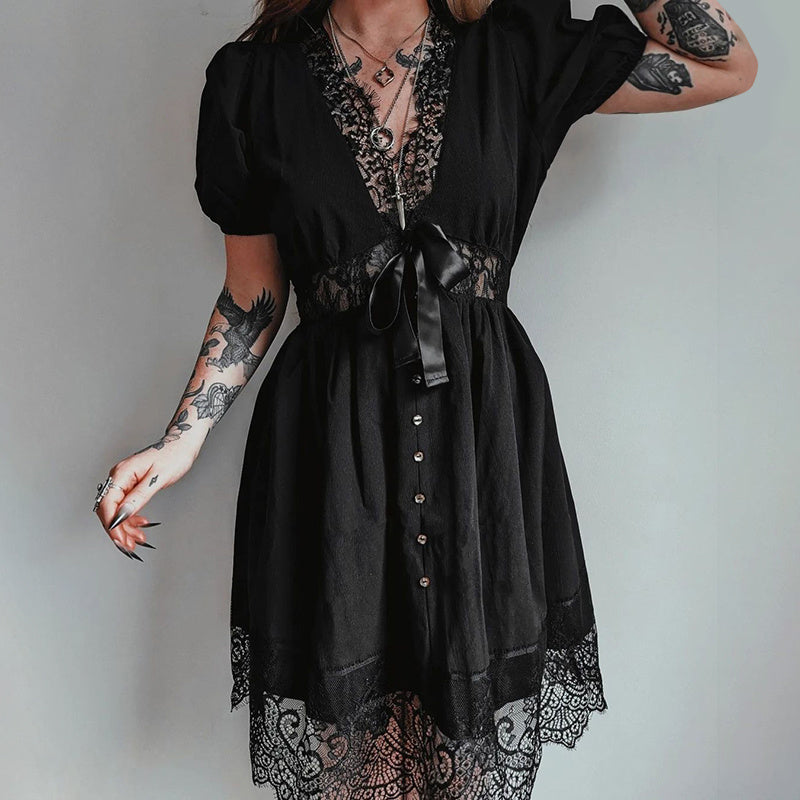 Elegant Black Lace Trim Puff Sleeve A Line Mini Dress with High Waist