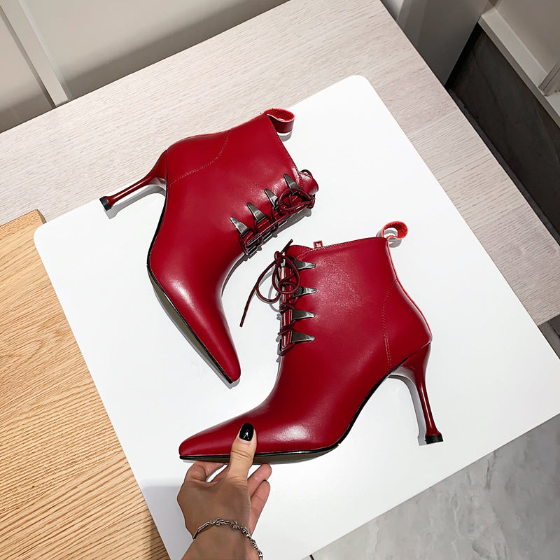 Women's Leather Pointed Ankle Boots - Chic Lace-Up Heel