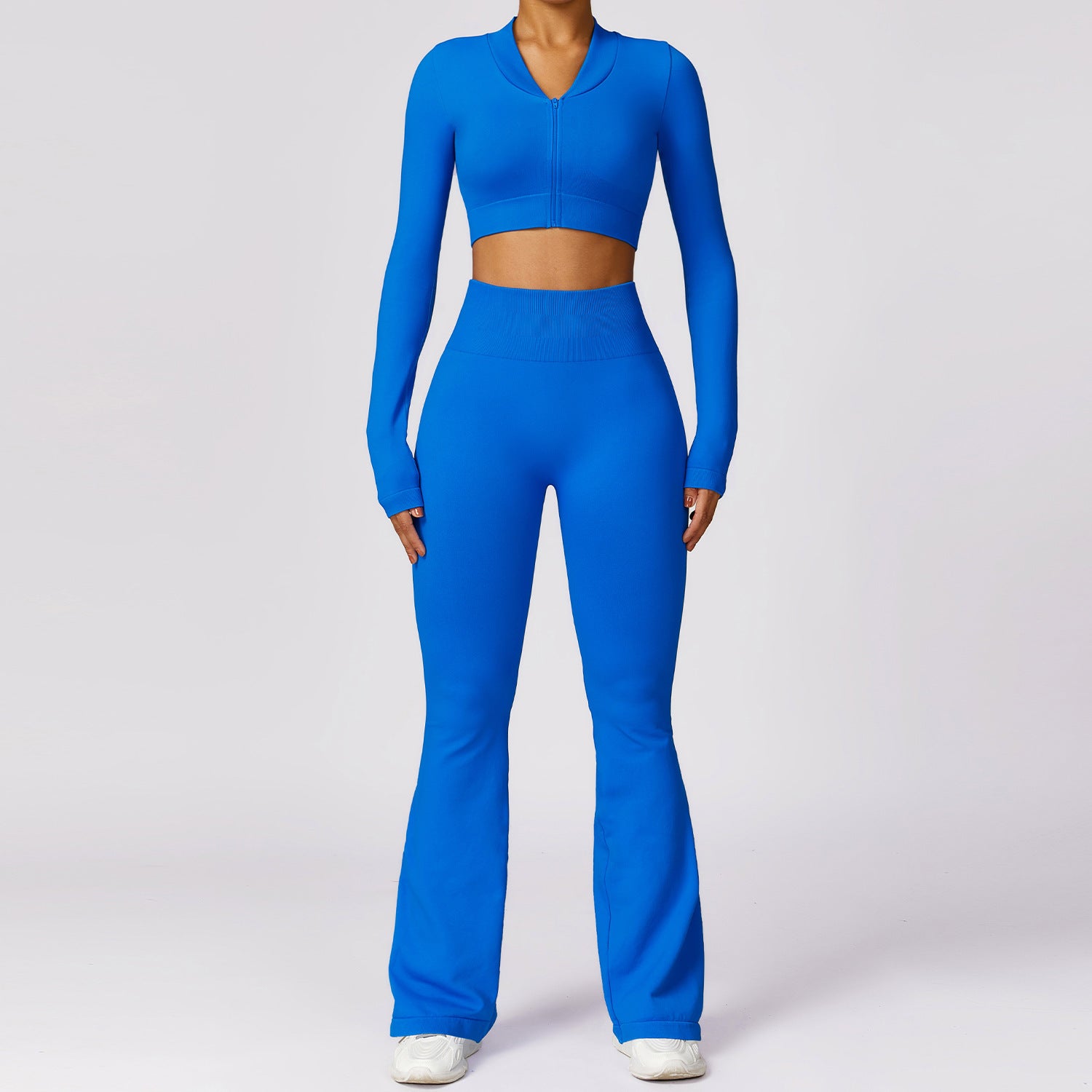 Seamless Ribbed Long Sleeve Crop Top and Flare Leggings Activewear Set