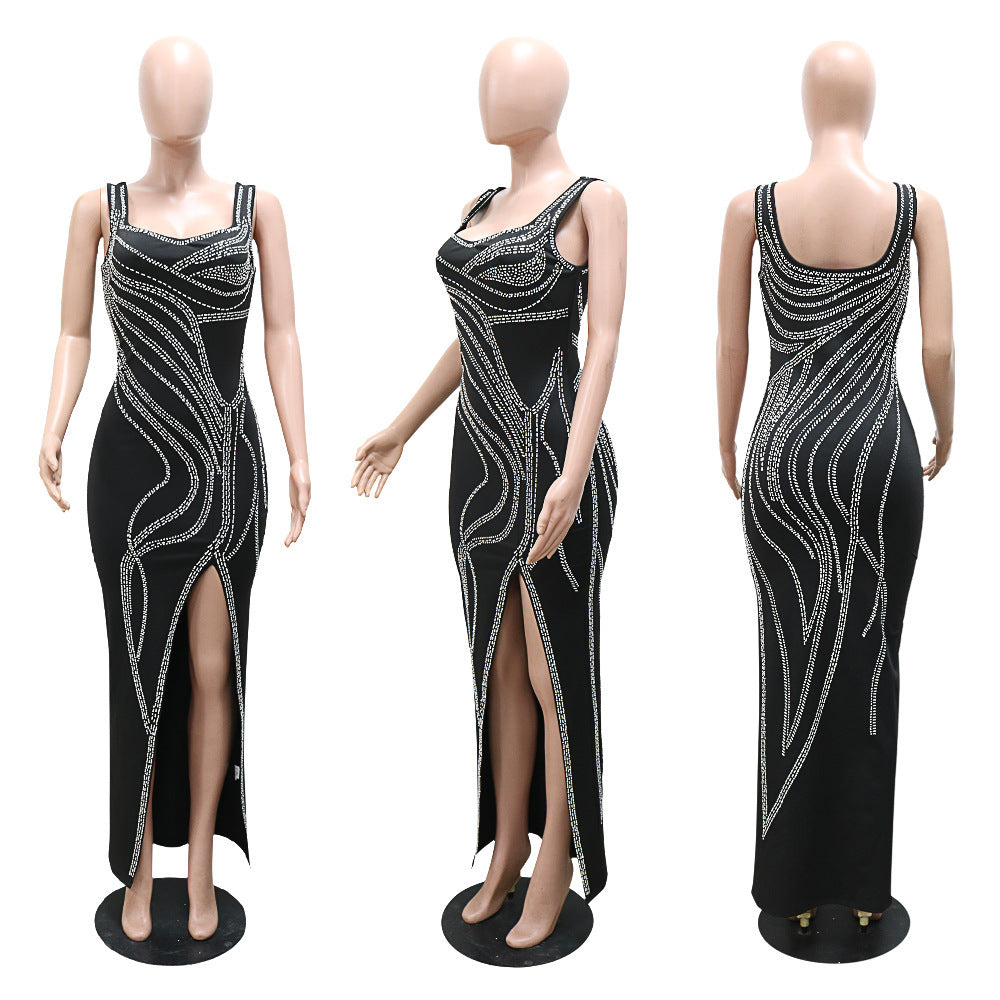 Glamorous Rhinestone High Slit Maxi Dress - Elegant Evening Party Gown