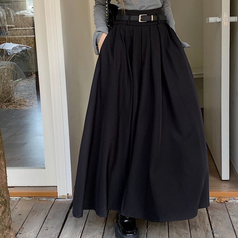 Elegant Pleated Maxi Skirt with Belt Urban Chic High Waist Flowy Design