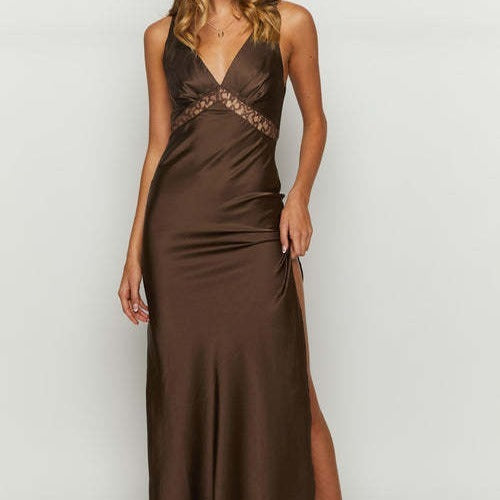 Elegant Satin Lace Maxi Dress - V-Neck Split Slip