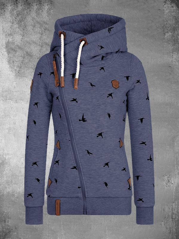 Chic Bird Digital Print Hooded Asymmetrical Zipper Cardigan Jacket with Pockets