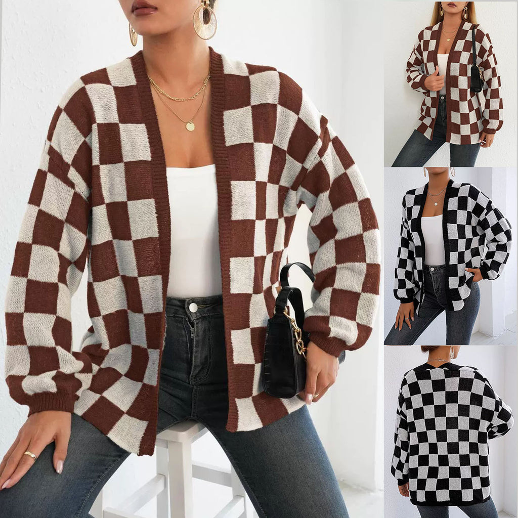 Cozy Chessboard Pattern Open Front Knit Cardigan Sweater