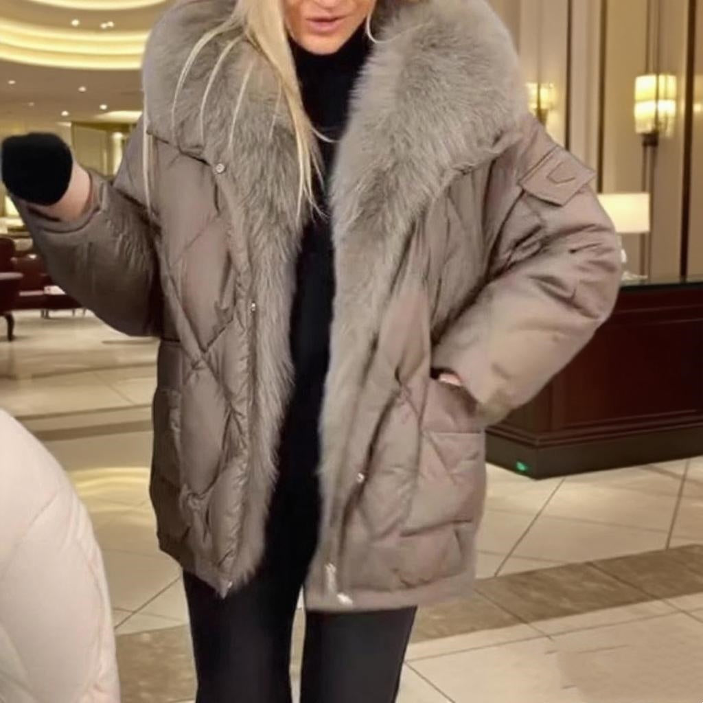 Cozy Mid Length Puffer Jacket with Plush Faux Fur Hood Winter Outerwear
