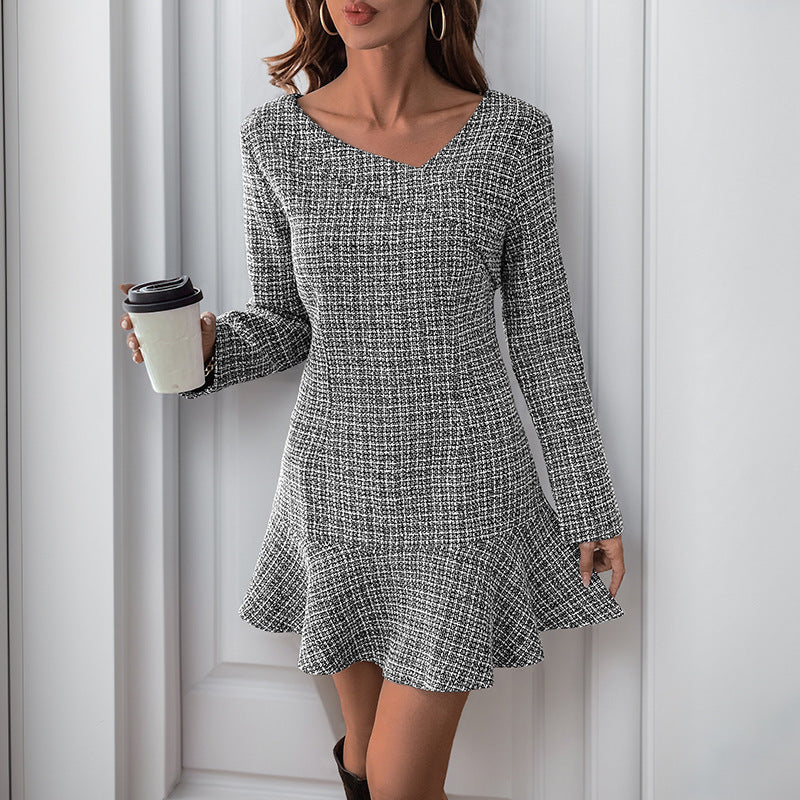 Chic Tweed Long Sleeve Mini Dress with Ruffle Hem