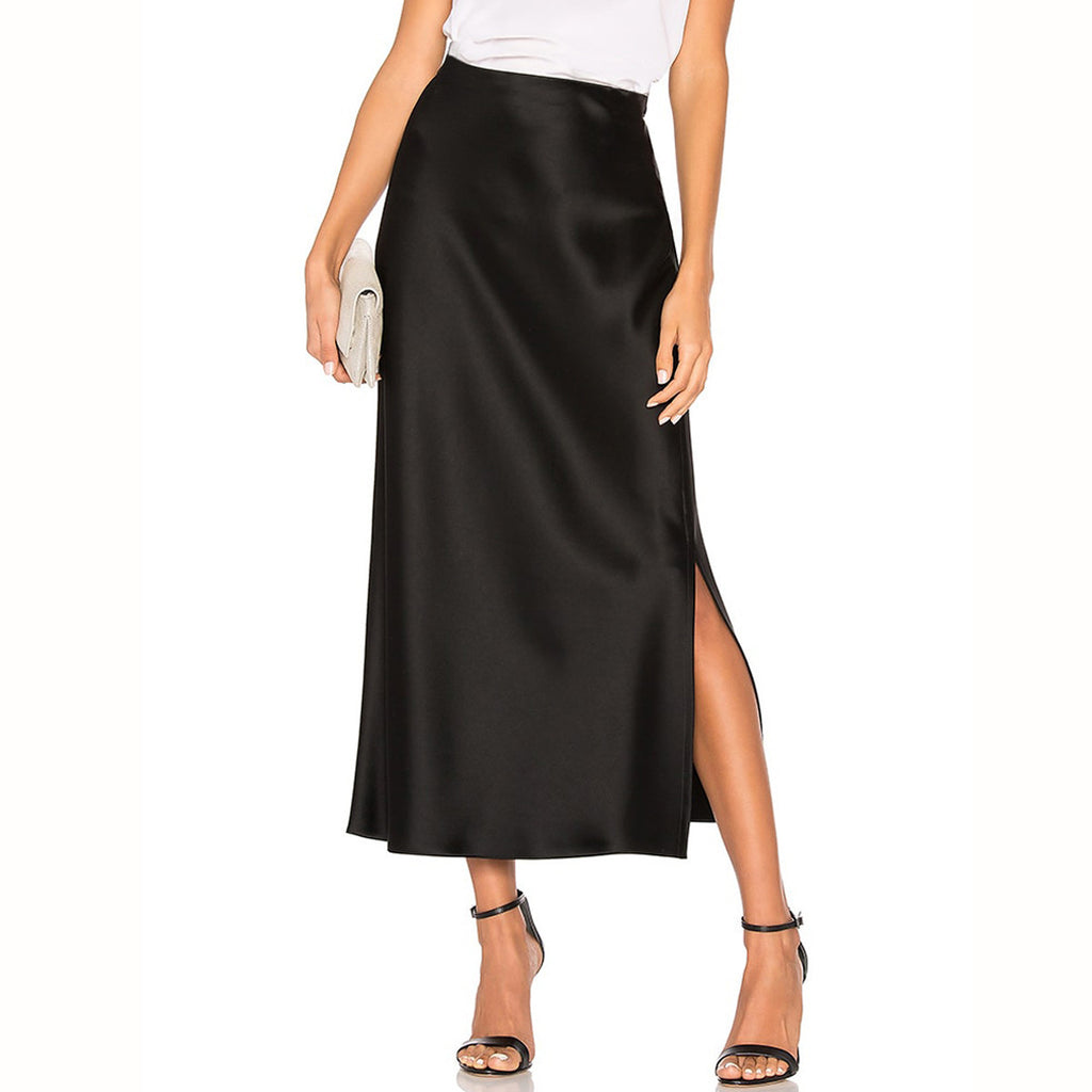 Elegant High Waist Elastic Split Midi Skirt with Lustrous Finish