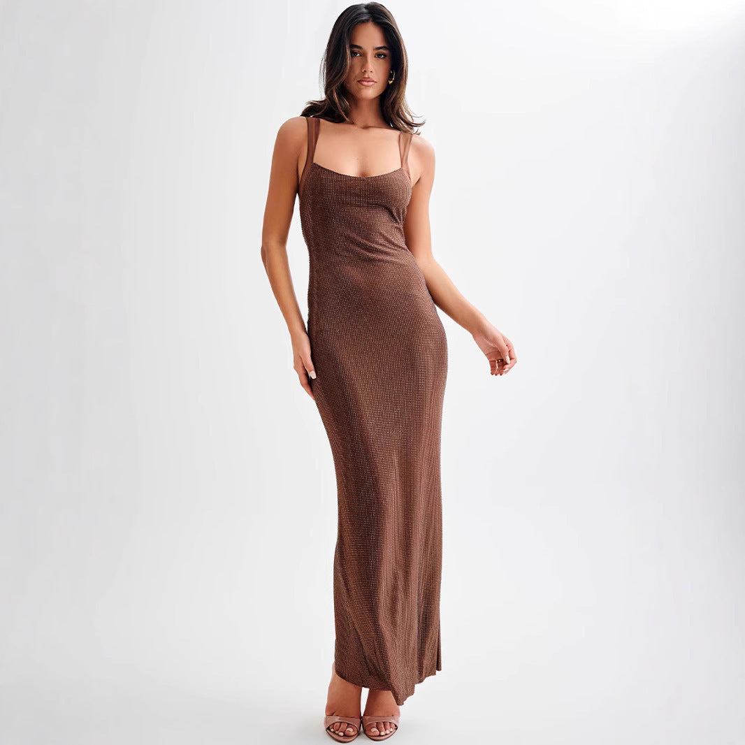Elegant Brown Rhinestone Maxi Dress | Strappy Evening Gown