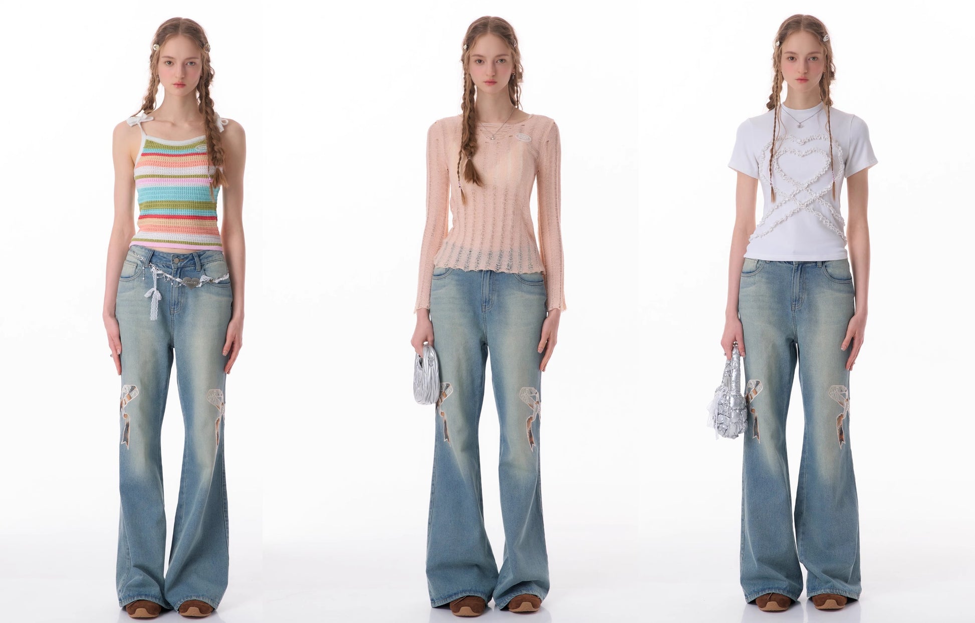 Y2K Bow Patch High Waist Wide Leg Jeans