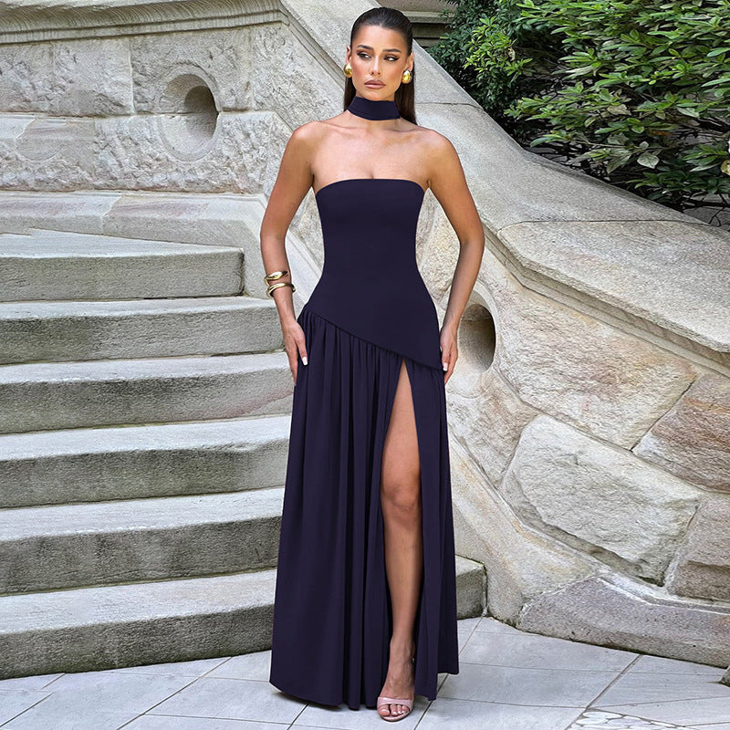 Elegant Strapless Maxi Dress with High Slit and Flowing Ribbon Detail for Special Occasions