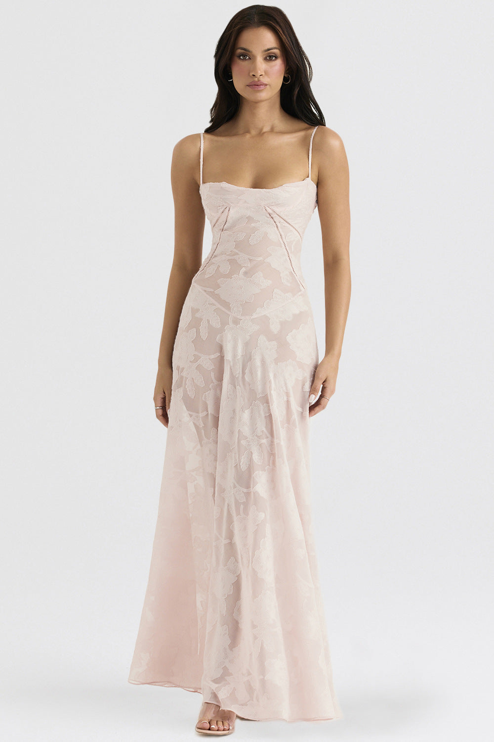 Elegant Floral Lace Maxi Dress with Suspender & Tie-Back Detail