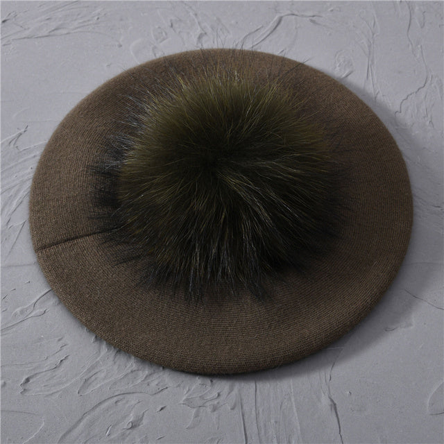 Women's Wool Beret with Real Raccoon Fur Pom Pom
