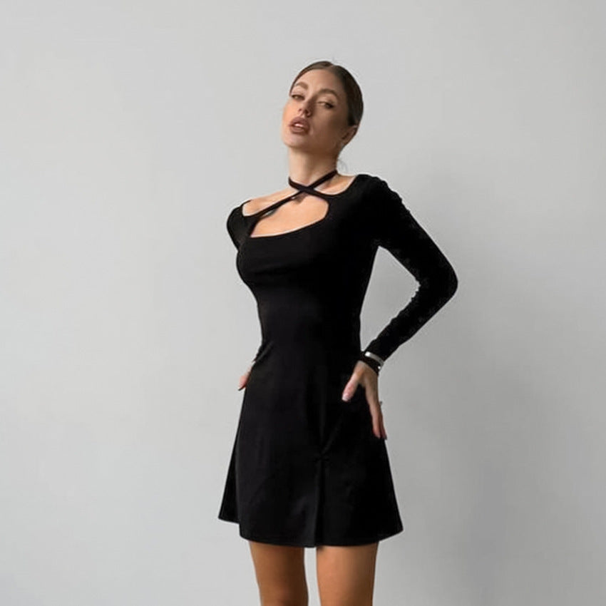 Chic Black Knitted Long Sleeve Mini Dress with Square Neckline and Lace Up Detail