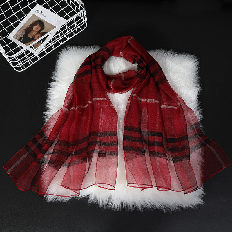 Classic Plaid Silk Scarf for Women - Versatile Style