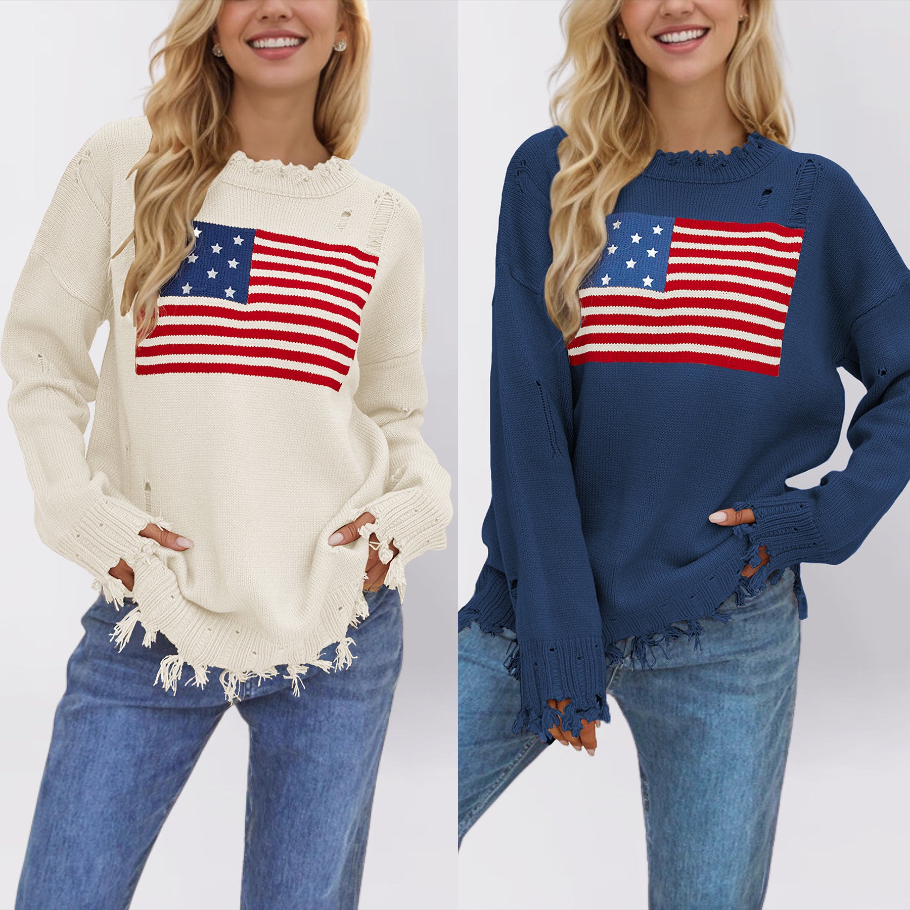 Loose Fit Distressed American Flag Knit Pullover Sweater