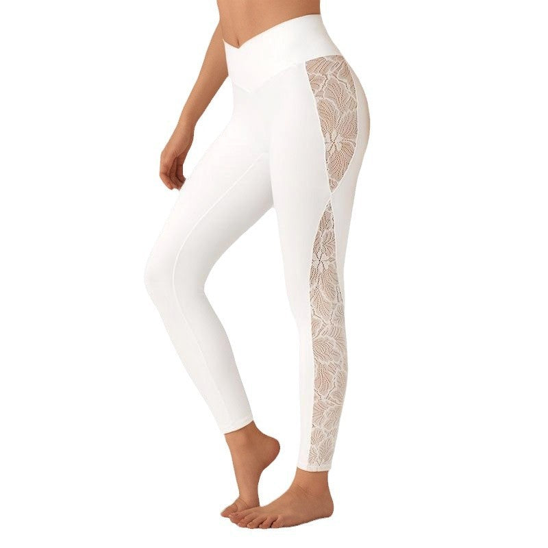 High Waist Athletic Leggings with Elegant Lace Panel Detail for Yoga and Fitness