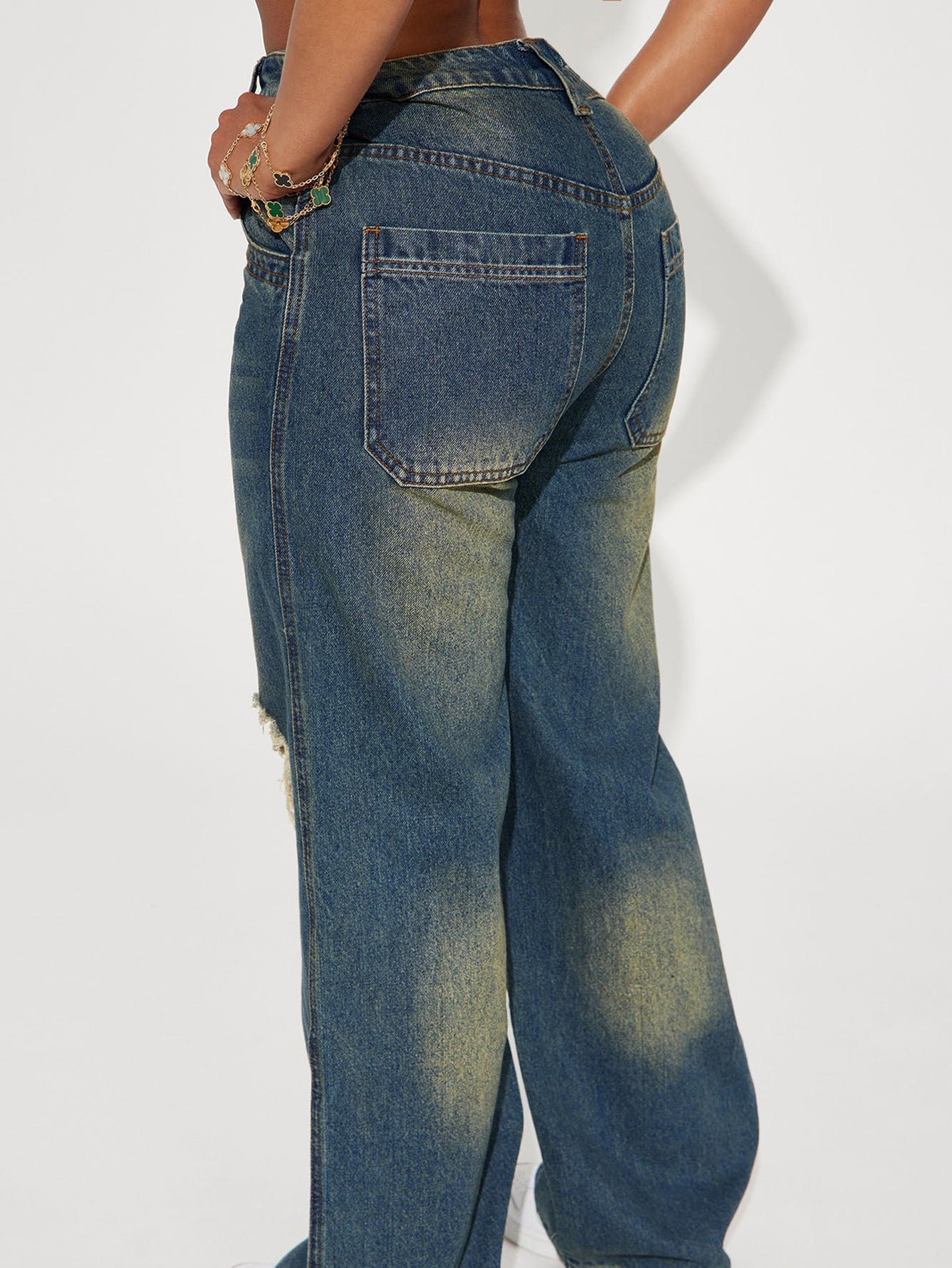 Women's Retro Washed Ripped Wide Leg Jeans