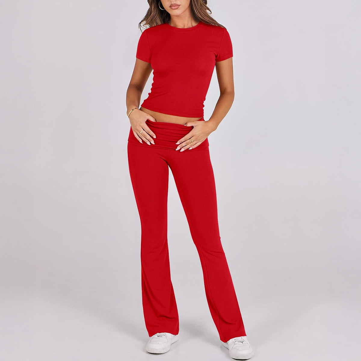Comfortable Solid Color Short Sleeve Crop Top and Flared Leg Pants Co ord Set