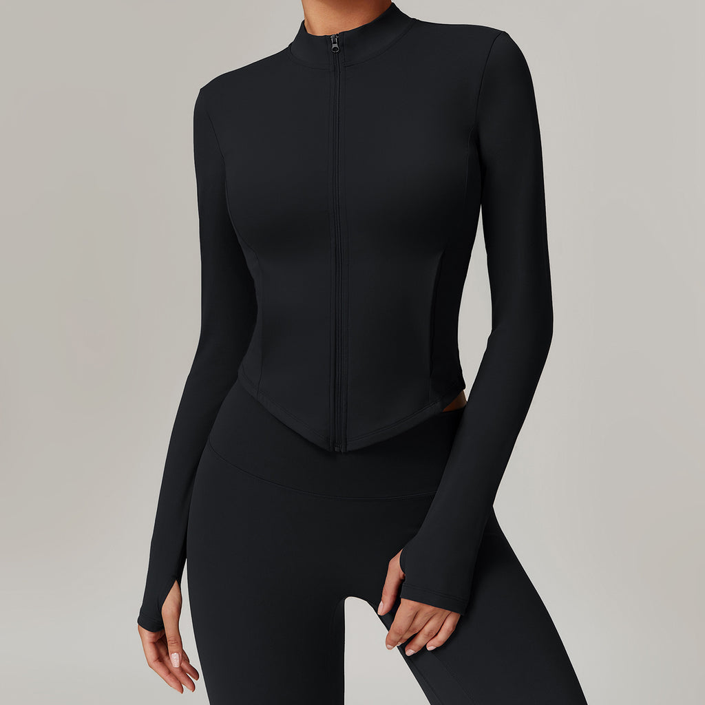 Women's Activewear Zip-Up Jacket with Stand Collar & Thumbholes