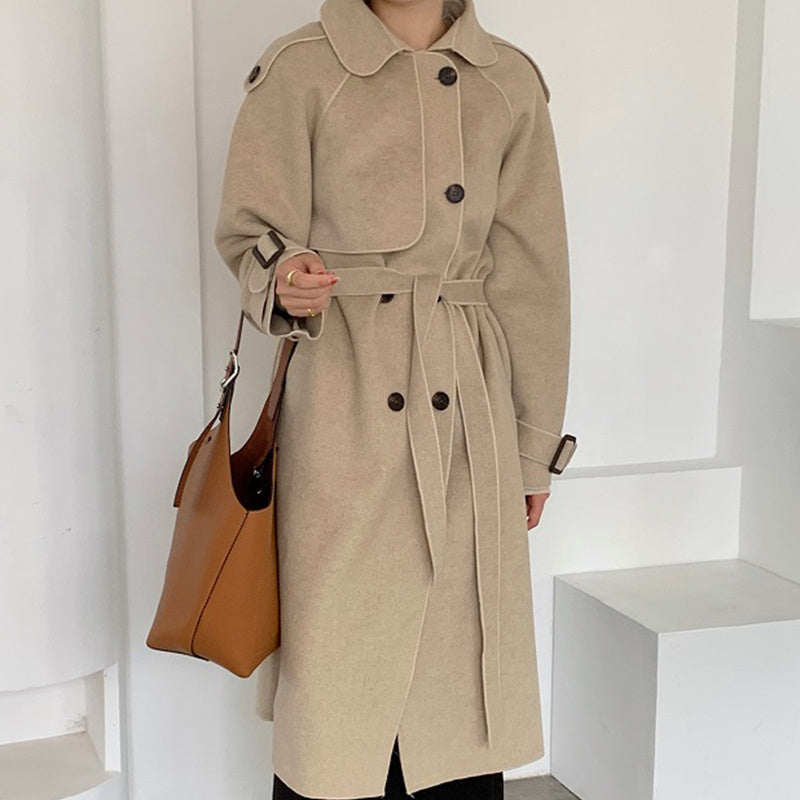 Elegant Double-Breasted Trench Coat - Classic Lapel Longline Outerwear