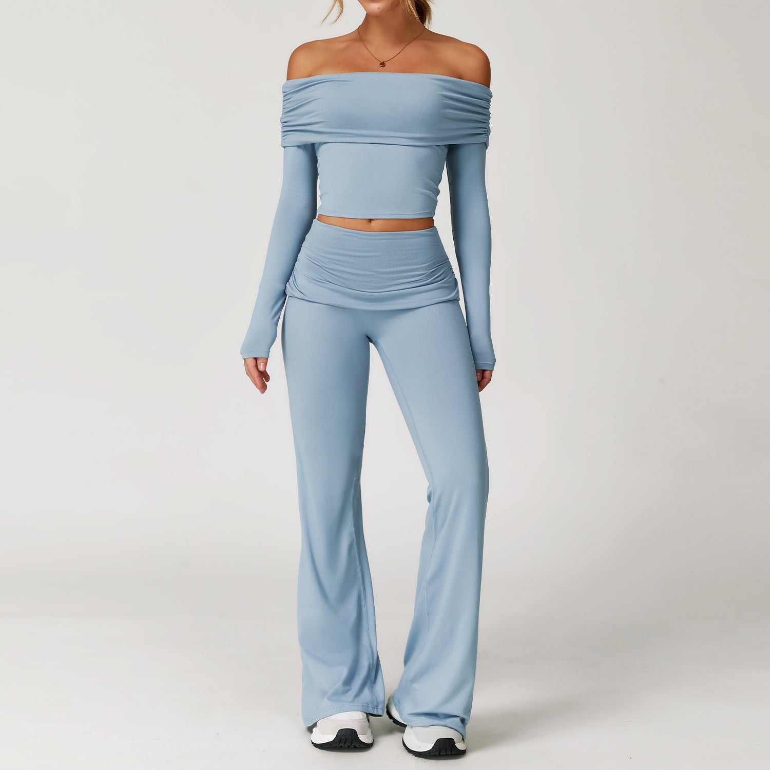 Effortless Off Shoulder Long Sleeve Crop Top and High Waist Shorts Set